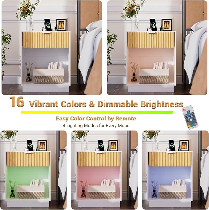Fluted Nightstands Set of 2 with Charging Station & Built-in LED Lights, Bedside Tables with Wave Pattern Drawer & Open Shelf, Safe for Kids, Bedroom Storage