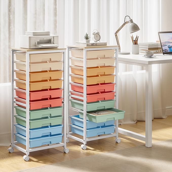Rolling Cart with Drawers,10 Drawer Rolling Cart,Storage Cart with Wheels,Utility Cart with Drawers,Teacher Cart for Classroom Storage,Craft Cart with Wheels and Wooden Tabletop,Rainbow