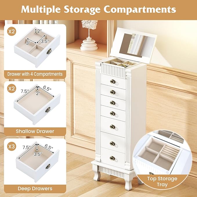 Giantex Standing Jewelry Cabinet with 7 Drawers, Flip-Top Mirror, 2 Side Doors with 12 Necklace Hooks, Divided Ring Compartments, Velvet-Lined Jewelry Armoire Organizer Chest (White)