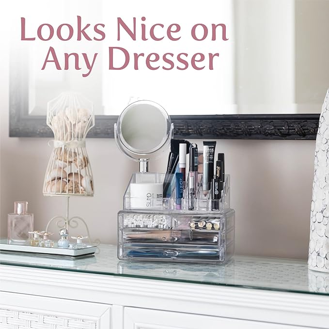 Masirs Clear Makeup Organizer with Mirror – 16-Compartment Cosmetic and Jewelry Holder, 4-Drawer Vanity Storage, Elegant Clear Design for Makeup and Accessories