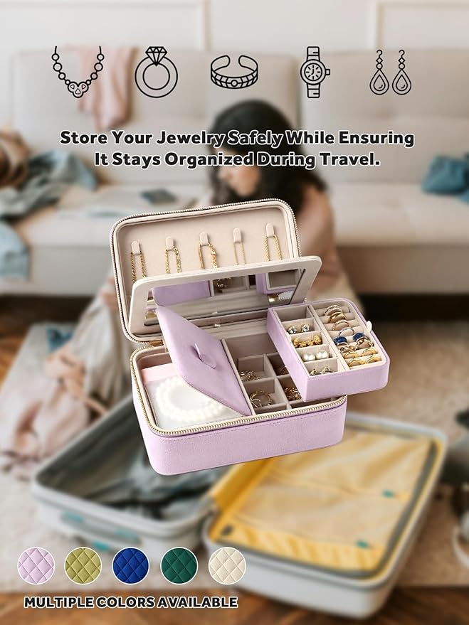 Velvet Travel Jewelry Box with Large Mirror, Double-Layer Jewelry Organizer Case for Women and Girls, Portable Storage Case with 6 Anti-Tarnish Bags Gift Ready for Her (Lavender)