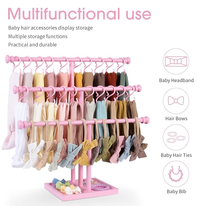 POVETIRE Headband Holder Stand Storage for Baby, 3 Tier Wooden Bow Organizer for Girls Hair Bows, Infant Hair Accessories Rack Display for Nursery Decor