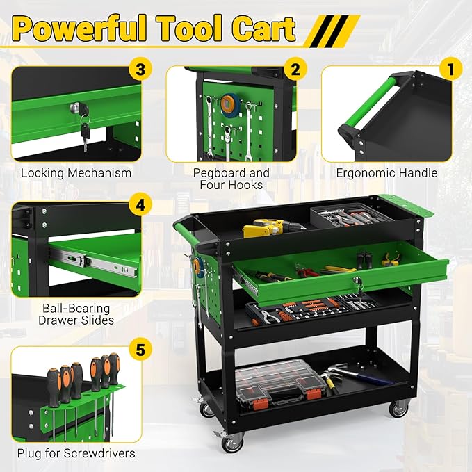 3 Tier Rolling Tool Cart on Wheels, 550 LBS Tool Cart with Drawers，Heavy Duty Utility Cart with Pegboard and Hooks，Mechanic Tool Storage Cart for Garage, Warehouse (Black-Green)