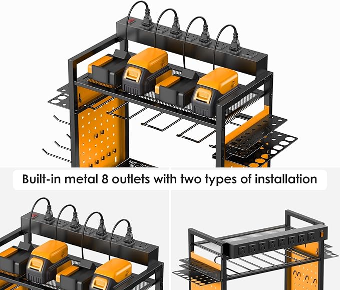 CCCEI Power Tool Organizer Cart with Charging Station, Garage Floor Rolling Storage Cart on Wheels for Mechanic, Mobile 6 Drill, Tool Box Utility Cart with Power Strip, Yellow.
