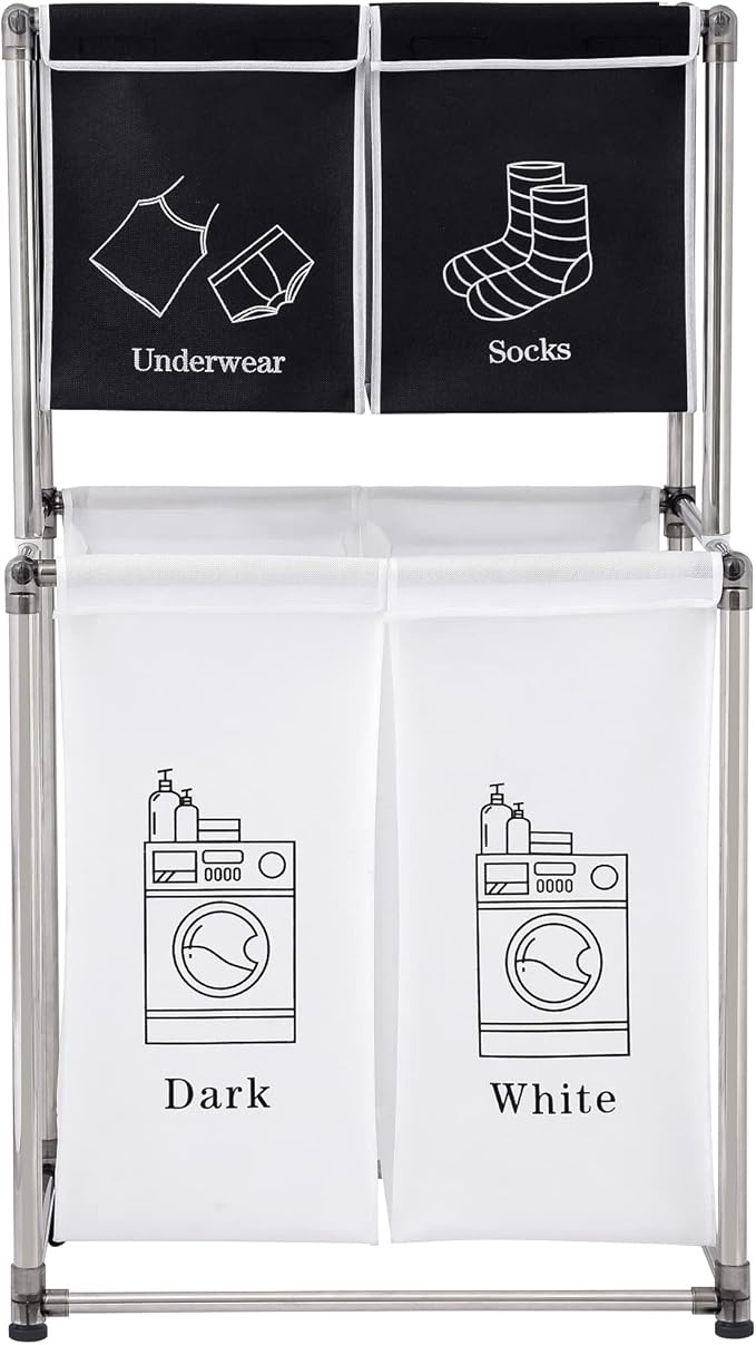 2 Tier Laundry Sorter with 4 Removable Bags for Organizing Clothes - Large Freestanding Laundry Hamper - Laundry Basket for Dirty Clothes in Laundry Room