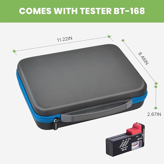 ALKOO Battery Organizer Storage Holder Case Box with Tester Checker BT-168. Holds 136+ Batteries AA AAA C D Cell 9V 3V Lithium (Blue)