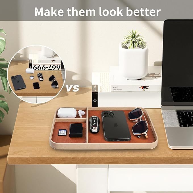 SENEN Leather Tray, Stylish and Organized Multifunctional Tray, for Table Entryway, Premium PU Leather, Catchall Tray for Keys, Watch, Wallet, Jewelry, and More (Beige Frame)
