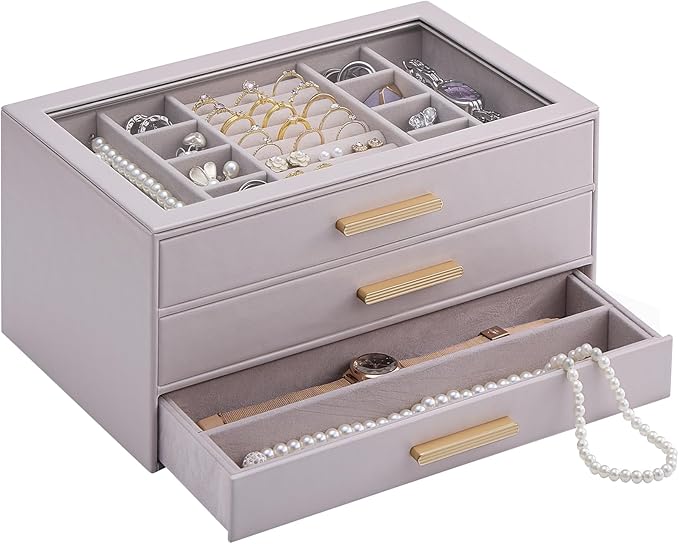 Lolalet Jewelry Box Organizer, 3-Layer Jewelry Organizers and Storage Case with Glass Lid, Ring Earring Bracelet Necklace Holder Organizer, Birthday Christmas Gifts for Women Girls -3Layer, HazePurple