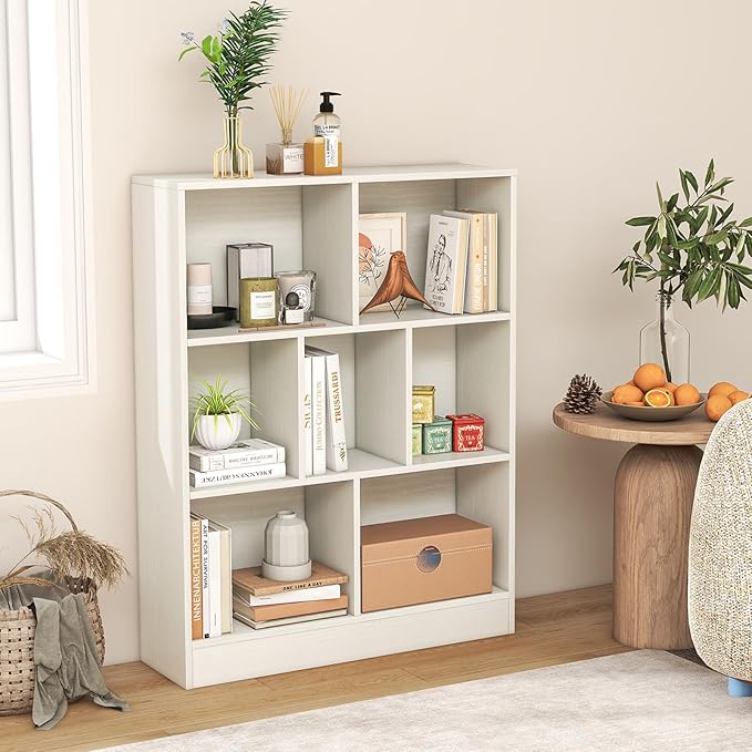 Giantex 7 Cube Bookcase, 4-Tier Freestanding Bookshelf w/ 7 Open Compartments, 2 Anti-Tipping Kits, Modern Display Cabinet, 41" Wood Cubby Storage Organizer for Living Room, Bedroom, White