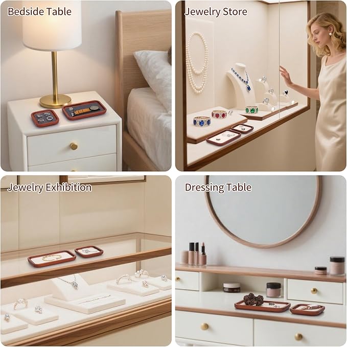 Wooden Jewelry Display Tray Rounded Rectangle Ring Showcase Stackable Elegant Bracelet Watch Jewelry Organizer for Personal Use and Commerce (Old Lace, Medium-W 3.9'' x H 0.6'' x L 7'')