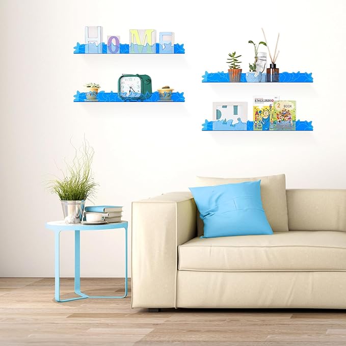 Floating Shelves for Wall,4 Pack 15.7’’x 3.5’’Adhesive Acrylic Shelves Organizer for Book Toy Photo Makeup,Wall-Mounted Kids Storage for Bathroom,Bedroom,Nursery,Blue Star and Moon