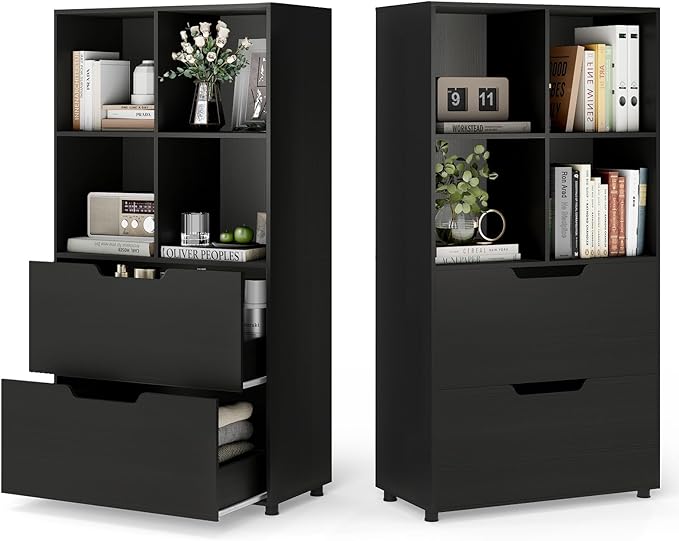 Giantex Bookshelf with 4 Cubes & 2 Drawers, 51” Tall Floor Bookcase with Anti-tip Kits, Freestanding Display Rack Storage Organizer for Study, Living Room, Home Office (Black)
