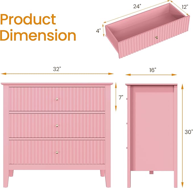 RoyalCraft Fluted 32 inch Wide Nightstand Set of 2, Large Pink Nightstand with 3 Drawer, Modern End Table, Wood Beside Table for Home and Office