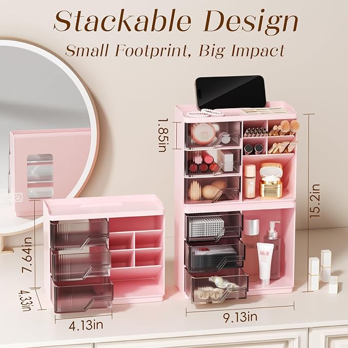 Small Makeup Organizer with Drawers, Stackable Bathroom Couneter Organizer with Phone Holder, Versatile Vanity Organizer Countertop, Cosmetic Organizer for Makeup Brush, Skin Care, Lotion -Pink,1Pack