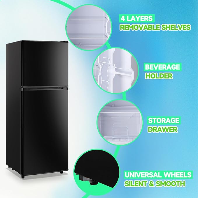 5.0 Cu.ft Refrigerator with Freezer Small Fridge Drink Holder Double Door Refrigerator Adjustable Glass Shelves for Home,Apartment,Office Black