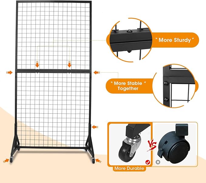 1 Pack 3'x 6' Two-Double Gridwall Panel Display Racks with Sturdy T-Base, Black Grid Wall Panels Display Stand, Display Rack Craft Show, Art Display Stand