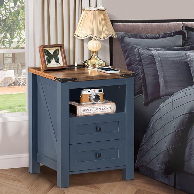 Nightstands Set of 2 with Charging Station, Farmhouse Night Stand with 2 Drawers and Shelf Storage, Wooden Side End Table, Bedside Cabinet for Bedroom, Living Room, Closet,Office (Blue)