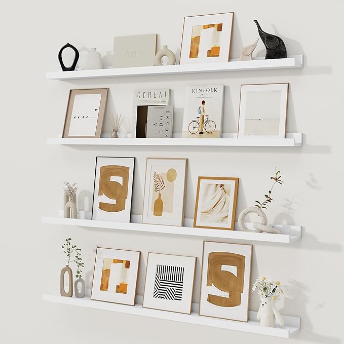 Fun Memories Picture Ledge Shelf, White Floating Shelves Set of 4, 40 Inch Picture Shelves for Wall with Ledge, Large Nursery Book Shelf for Toys Storage, Living Room, Bedroom Decor Frames
