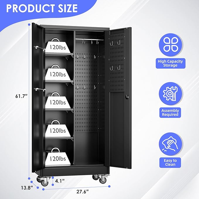 SUXXAN Broom Closet Storage Cabinet with Wheels 61.6"x 27.5"x11.7", Metal Cleaning Cabinets with Hooks and Hanging Rods, Lockable Cabinet with Pegboard, Adjustable Shelf,for Garage, Laundry Room