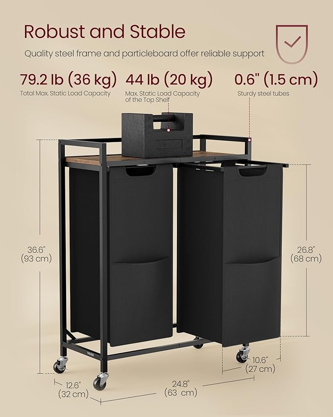 VASAGLE Laundry Sorter, 29 Gal. (110 L) Laundry Hamper Basket with 2 Compartments, Rolling Cart with Wheels, Shelf, Removable Bags, Pockets, Ink Black and Rustic Brown UBLH021B01