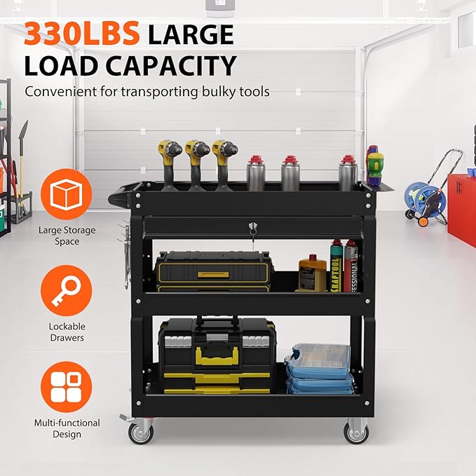 3 Tier Rolling Tool Cart with Drawers, Heavy Duty Utility Cart on Wheels, Large Storage Capability Service Cart for Garage, Warehouse and Repair Shop (Black)