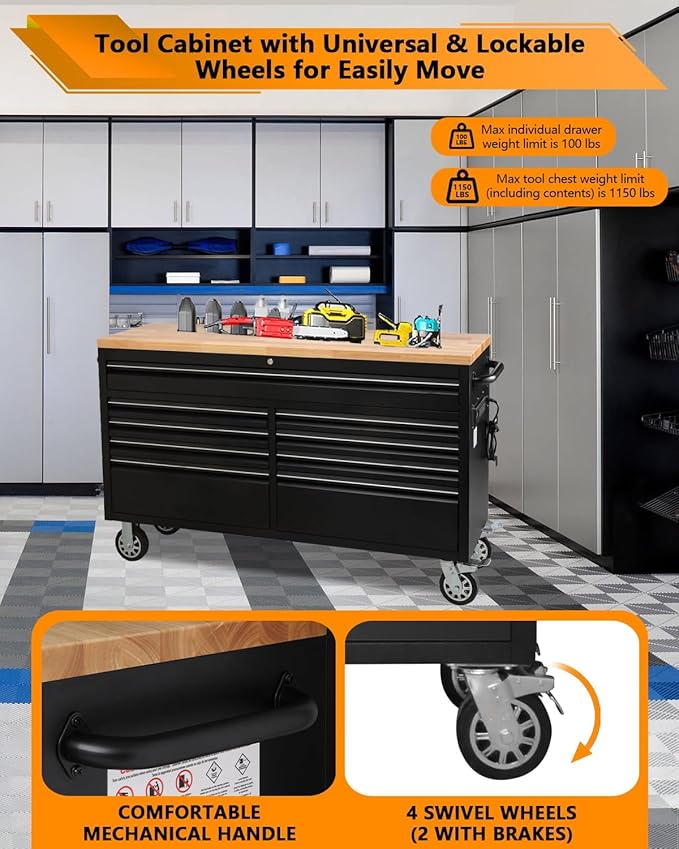 61 Inch Tool Chest, Tool Box Mobile Workbench, 9 Drawers Storage Lockable Rolling Metal Storage Cabinet with 4 Wheels for Garage Workshops Warehouse, Black