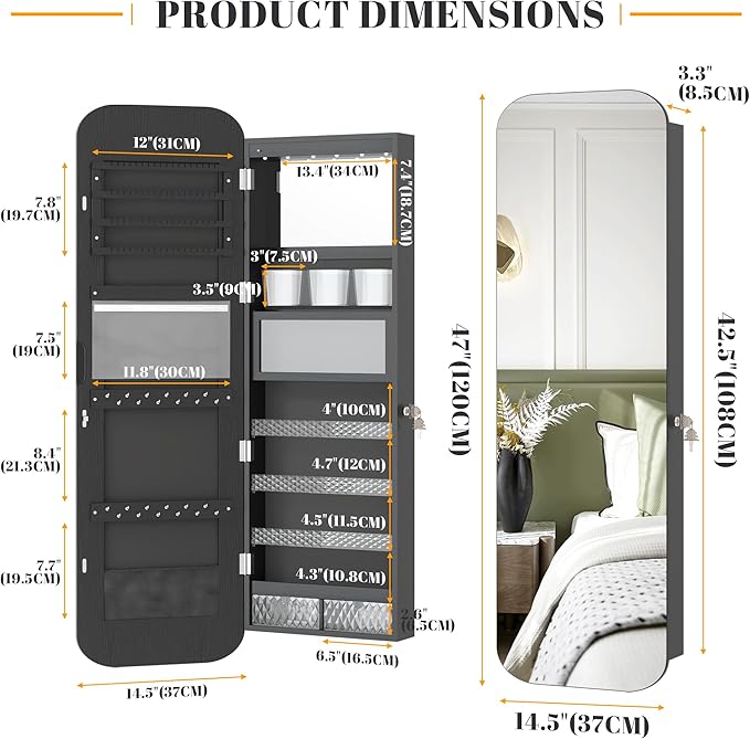 Vlsrka 47.2" LED Mirror Jewelry Cabinet, Wall/Door Mounted Full Length Mirror with Storage, Lockable Jewelry Armoire with Mirror, Rounded Corner Hanging Mirror Jewelry Organizer, Black