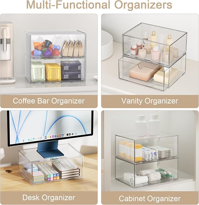 Clear Stackable Storage Drawers, 2 Pack Acrylic Makeup Organizers for Beauty Supplies, Plastic Storage Bins for Bathroom Vanity Countertop, Cabinet, Pantry, Kitchen Undersink, Desk Organization