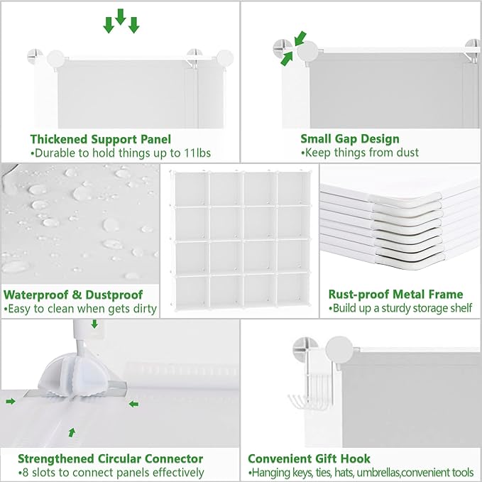 C&AHOME Cube Storage Organizer, 16-Cube Shelves Units, Plastic Storage Cubes, DIY Closet Organizer, Modular Closet Storage Shelves Ideal for Home, Bedroom, 48.4" L × 12.4" W × 48.4" H Milky UPCS16M