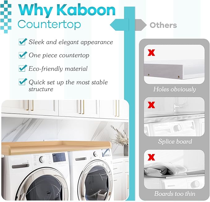 Kaboon Washer Dryer Countertop 58" x 28" Extra Large Version, Melamine Countertop with 3.5" Edge Rails, Laundry Room Organization, Light Walnut