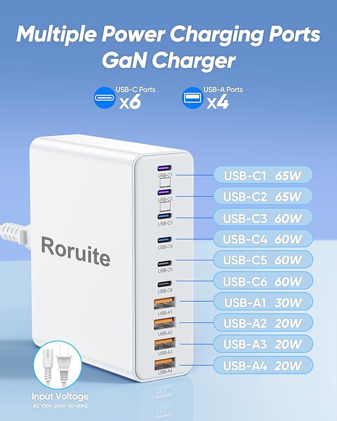 460W USB C Charger Block, 10-Port USB Charging Station GaN III PD Charger Type C & USB A, Dual 65W PC Laptop Fast Adapter for MacBook Pro/Air, iPhone 17, iPad, DELL, Samsung Galaxy, Android - White