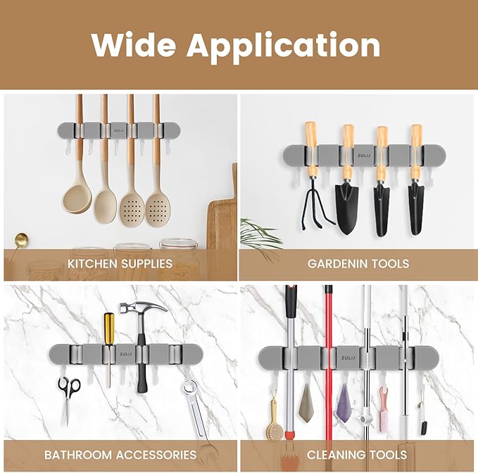 3PCS Broom Holder Wall Mount, No-Drilling Self-Adhesive Mop and Broom Storage Rack (4 Racks with 5 Hooks),Wall-Mounted Broom Hanger for Bathroom, Kitchen, Closet, Garage, Grey
