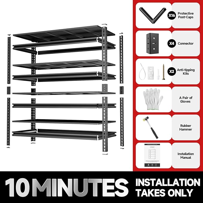 4-Tier 40" W X 20" D X 60" H Storage Shelves 2500LBS Garage Shelving Metal Storage Shelf Adjustable Metal Racks with Shelves Heavy Duty Shelving Units and Storage Utility Shelf (Black)