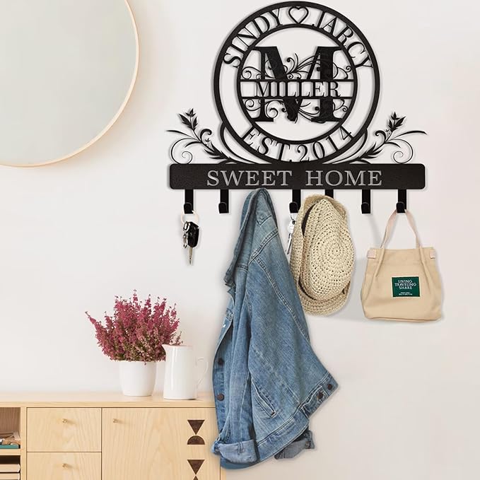 Personalized Key Holder for Wall, Custom Family Name Metal Wall Key Hanger, Key Hooks with Monogram Design, Key Rack Holder Wall Mount for Living Room Bedroom, Anniversary Couple Gift