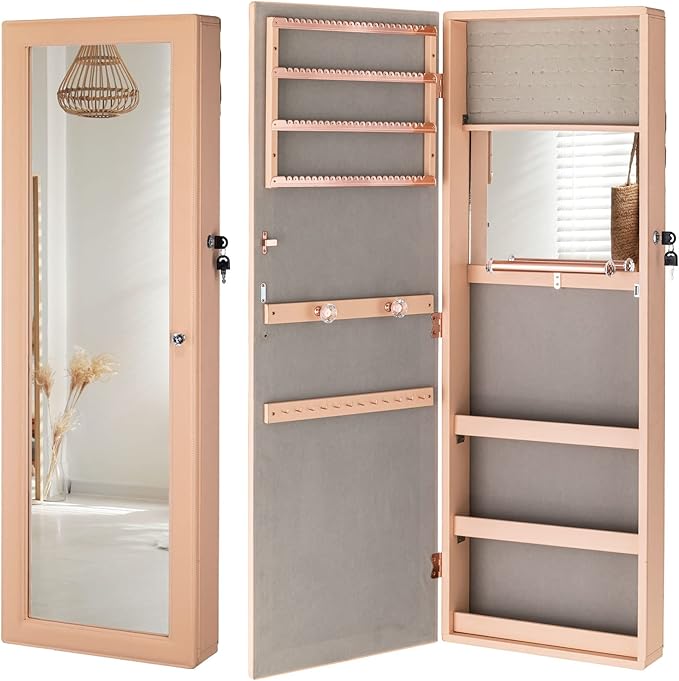 LUXFURNI Jewelry Armoire Organizer, Wall/Door Mounted Cabinet with Full Length Mirror (Peach)