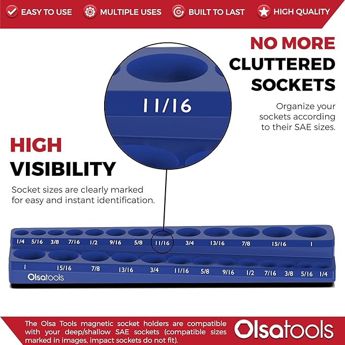 Olsa Tools Magnetic Socket Organizer | 3/8-inch Drive | SAE Blue | Holds 26 Sockets | Professional Quality Tools Organizer