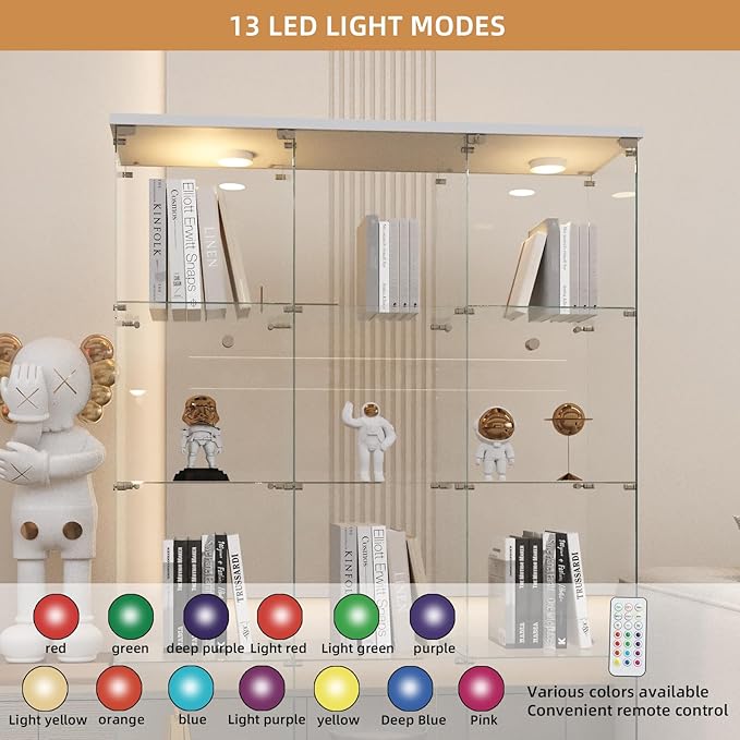 Beauty4U Glass Display Cabinet with LED Lights, Extra Large 3 Columns 2 Doors Curio Cabinets with 12 Shelves for Living Room, Bedroom, Office, White Floor Standing DIY Glass Bookshelf