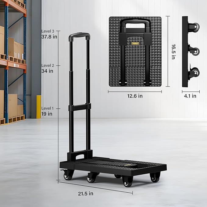 Dolly Cart with Wheels 440lbs, Folding Hand Truck with 6 TPE Wheels (2 with Brakes) & 21 in Extendable Full Platform, Foldable Cart with 2 Elastic Straps for Easy Moving, Travel, and Storage, Black