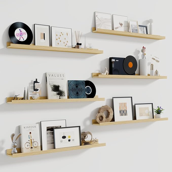 Fun Memories Picture Ledge Shelf, 48 Inch Long Floating Shelves Set of 6, Picture Shelf for Wall with Lip, Large Nursery Book Shelves for Storage, Wall Shelves for Living Room Bedroom Kitchen, Oak