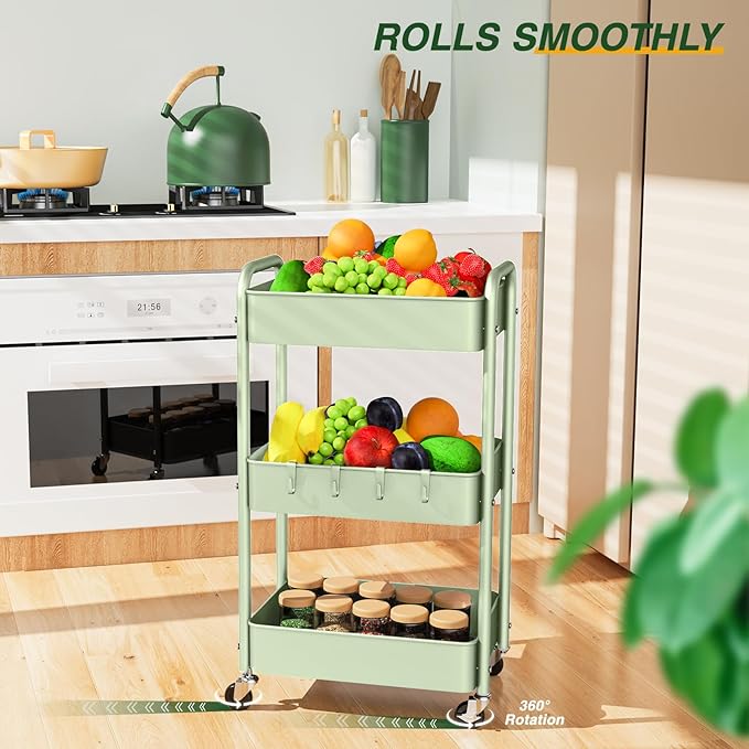 LEHOM 3 Tier Rolling Storage Cart, Metal Trolley Utility Cart with Wheels & Hooks, Easy Assembly Organizer Storage Cart for Bathroom Kitchen Office Bedroom (Green)