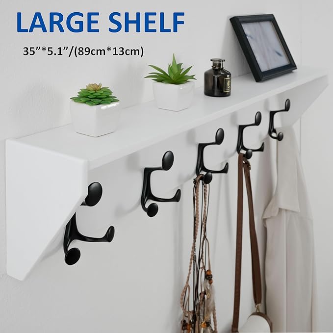 WEBI Wall Shelf with Hooks Underneath,35” Long Wall Mounted Coat Rack with Shelf,Entryway Coat Rack with 5 Triple Hooks for Hanging Coats,Jacket,Hallway,Bedroom,Mudroom,White