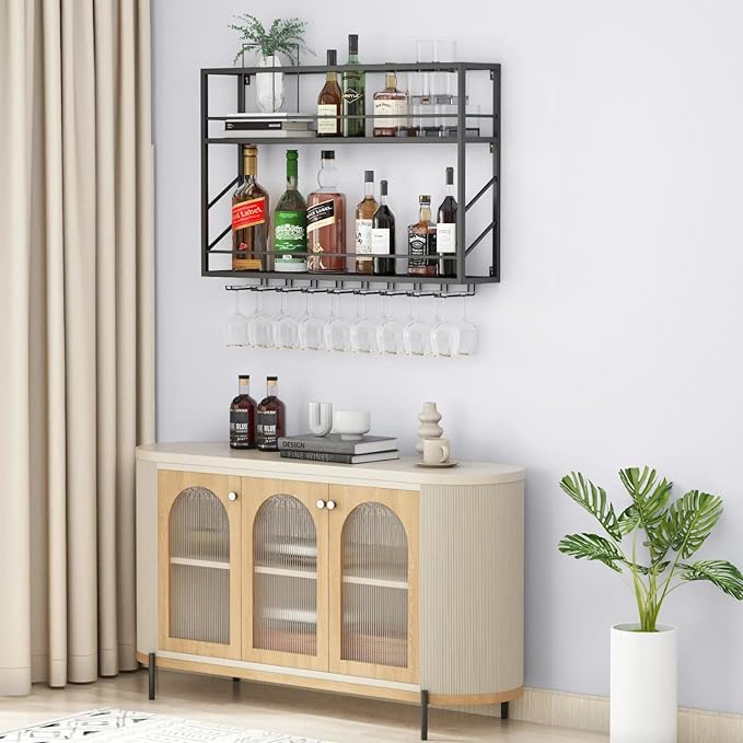 Wall Mounted Wine Rack with Glass Holder，Stylish Mini Floating Bar Shelves for Liquor Bottle Display in Dining Room, Kitchen, Living Room (47.2”W x 26”H x 7.8”D)