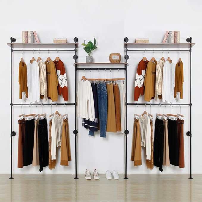 Industrial Iron Pipe Clothing Rack, 40inch Black Vintage Retro Shelving Wall Mounted DIY Garment Rack Rustic Farmhouse Kitchen Storage