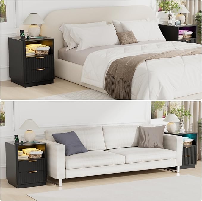 VOWNER Fluted Nightstand with Charging Station, 18” RGB Night Stand with 2 Drawers, End Table with Storage Shelf, Curved Profile Design Side Table, Bedside Table for Bedroom Living Room, Black