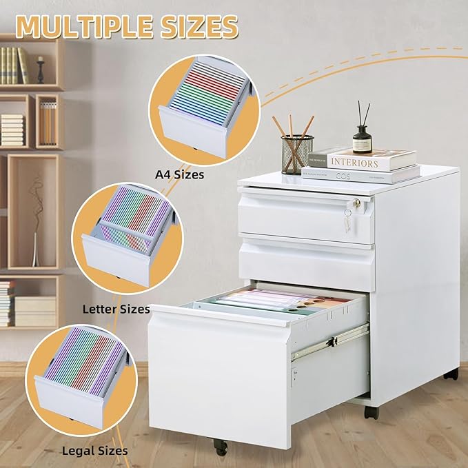 Garvee Mobile Filing Cabinet 3 Drawer,Under Desk File Cabinet with Lock & Anti-Tip Wheel, Metal Rolling Filing Cabinets for Home Office Organizer,a4/Letter/Legal Hanging File Folders