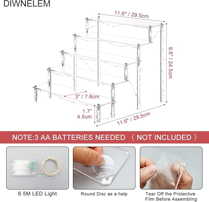 DIWNELEM 5 Tier Acrylic Risers - Acrylic Display Stands with Pink LED Light