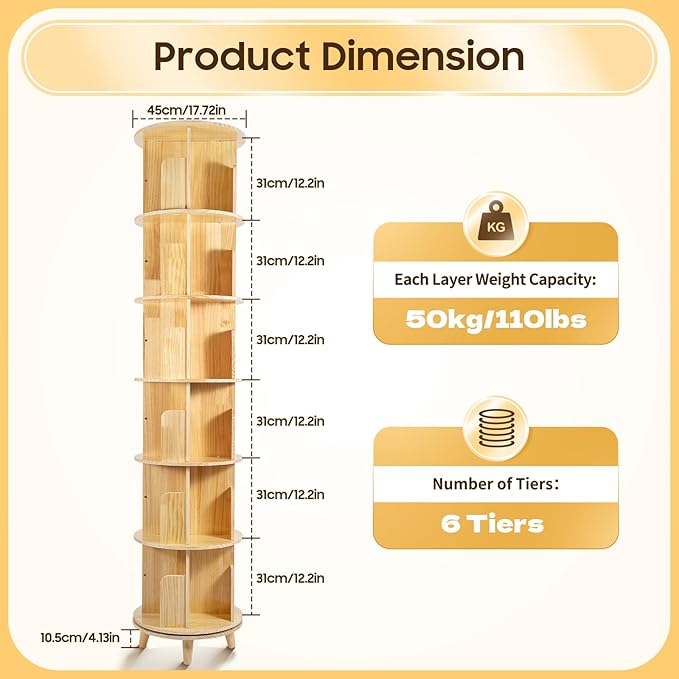 Rotating Bookshelf, 6-Tier Pine Wood Bookcase, Freestanding Bookcase Books Storage Displaying Rack, 360° Revolving Book Shelf Organizer, Each Tier Loading 110lbs, Used for Bedroom, Living Room, Study