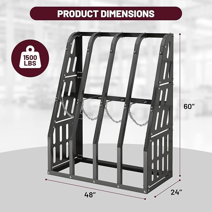 Vertical Long Parts Storage Rack, 1,500 lb Capacity, 4-Bay Black Steel Bar/Lumber Rack with Safety Chain, 48" W x 24" D x 60" H for Garage/Workshop/Factory