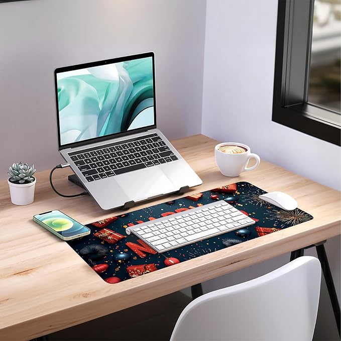 Happy New Year Gaming Mouse Pad 31.5"x11.8"Desk Mat Anti-Slip Rubber Base & Durable Stitched Edges for Gamers Smooth Mouse Writing Surface for Desk Office/Home
