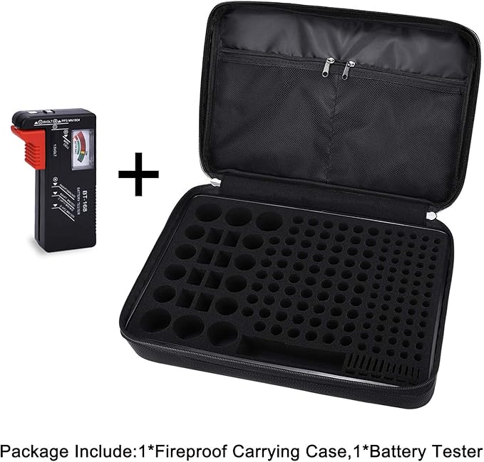 Fireproof Battery Organizer Storage Case Waterproof & Explosionproof, Safe Bag Fits 210+ Batteries Case - with Tester BT-168, Carrying Container Bag Energy Batteries AA AAA C D 9V Lithium 3V Holder